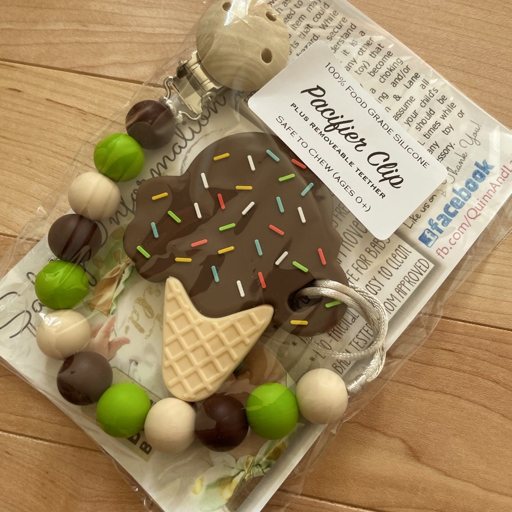 Silicone pacifier clip with chewable ice cream toy
